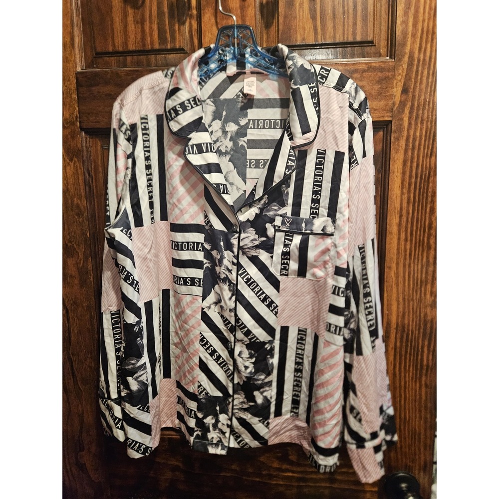 Victorias Secret Pink Black White Logo Patchwork Silk Feeling Pajama Shirt L